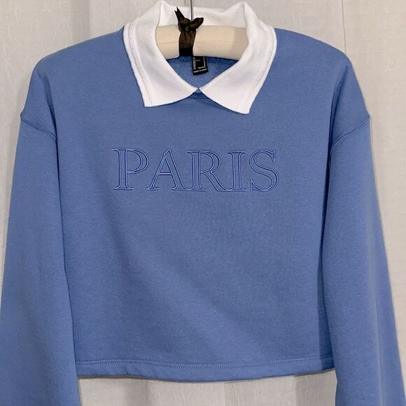 F21 S Light Blue White Collared PARIS Graphic Cropped Fleece Pullover - Picture 8 of 15